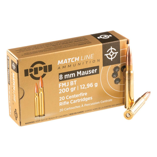 PPU Match Line 8mm Mauser Rifle Ammo, 200gr FMJ BT- 20Rds | FWGC