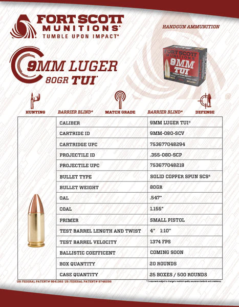 Load image into Gallery viewer, Fort Scott Munitions  9MM LUGER TUI 80Gr
