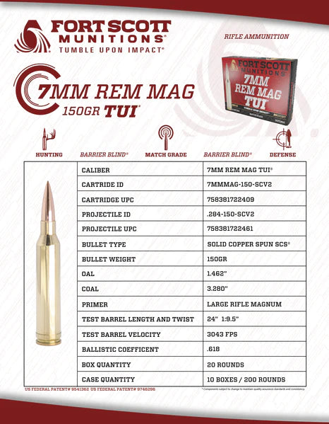 Load image into Gallery viewer, Fort Scott Munitions 7mm Remington Magnum 150gr TUI | FWGC
